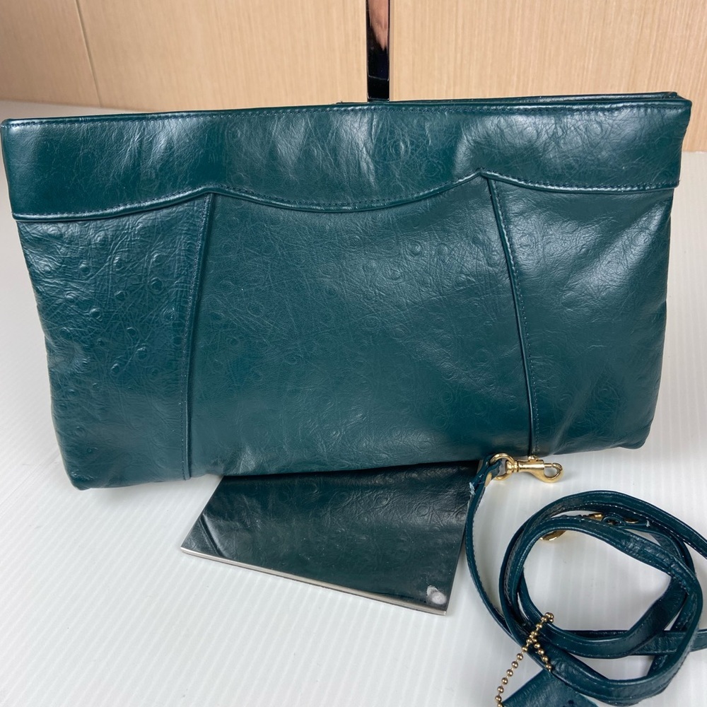 Vintage Teal Genuine Leather Ostrich Embossed Crossbody Clutch Purse